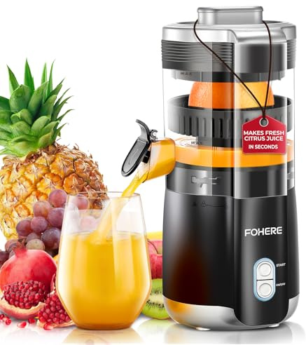 FOHERE Zitruspresse Elektrisch, Automatische Saftpresse Elektrisch Orangenpresse Mit 100 W Leiser Motor, BPA-frei, 2 Presskegeln für Zitrone,Apfel,Trauben und Granatäpfel, Schwarz