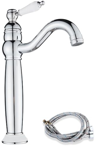 Maynosi Retro Hoch Wasserhahn Bad, Waschtischarmatur mit Keramikhebel, Einhebel Waschbecken Armatur 360°Schwenkbar, Viktorianischer Badezimmer Armatur, Landhausstil, Messing (Chrom)