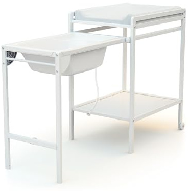 AT4 - Wickeltisch mit Badewanne ESSENTIEL Weiß | Maße aufgeklappt (L x B x H): 148 x 58 x 94 cm | Maße zusammengeklappt (L x B x H): 76 x 58 x 94 cm | Tisch mit Rollen | Mit Ablaufschlauch