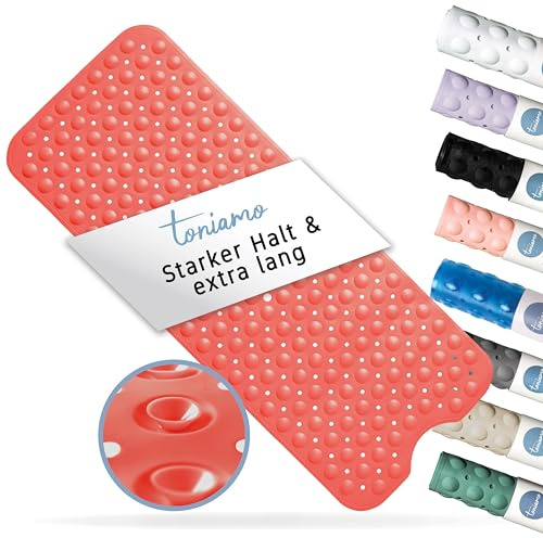 Toniamo Badewannenmatte rutschfest 100 x 40 cm Antirutschmatte, Coral | Extra lange Badematte mit Saugnäpfen ohne BPA, rutschfest, antibakteriell, maschinenfest für sicheren Halt in der Badewanne