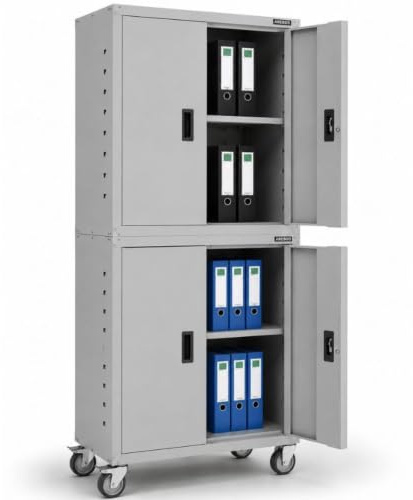Arebos Aktenschrank Büroschrank | Grau | 195 x 40 x 90 cm | 2er Set | 4 Türen | mit Räder | Höhenverstellbare Einlegeböden | mit Zylinderschloss