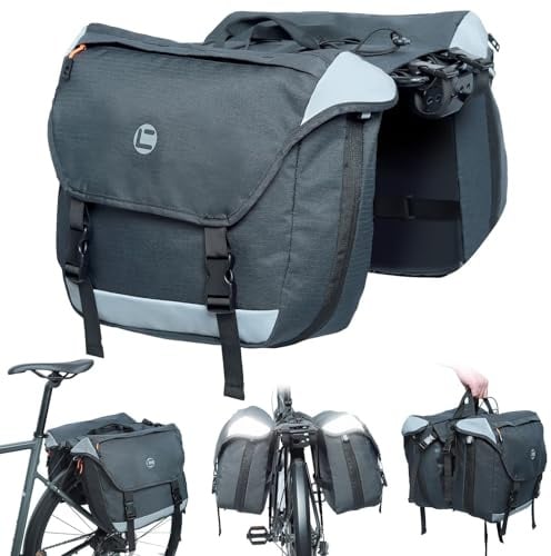 HuiJuKeJi 3 in1 Fahrrad Gepäckträgertasche Doppeltasche, 35L Fahrradtasche für Gepäckträger mit Reflektoren Wasserdicht Bike Saddle Bag Bike Rear Rack Bag mit Tragegriff (Schwarz)