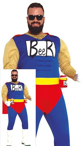 FIESTAS GUIRCA | Kostüm Bier-Superheld Erwachsener Mann - Blau Rot | Muskel-Optik | 4-teiliges Set | Gürtel mit Getränkehalter | Polyester | Karneval & Fasching, Mottopartys, Halloween