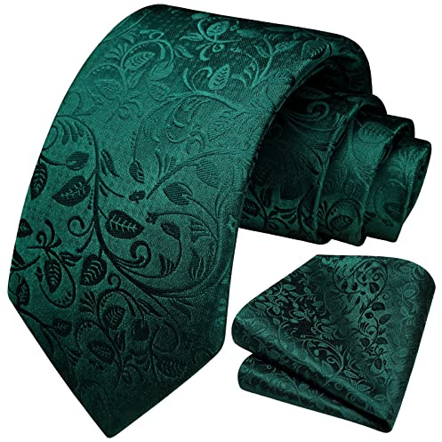 HISDERN Krawatte Herren Dunkelgrün Hochzeit Paisley Krawatten und Einstecktuch Set Elegant Blumen Krawatte mit Taschentuch Business Party