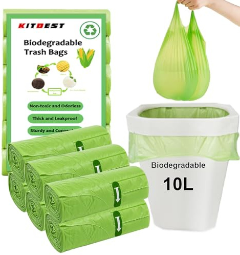 KITBEST 120 Biomüllbeutel 10L Bio Müllbeutel mit Henkel, Reißfest Müllsäcke | kompostierbare Biomülltüten, mit Tragegriff, Bio Beutel Lebensmittel Abfallbeutel für Küche, Büro, Wohnzimmer, Grün, 45x59cm