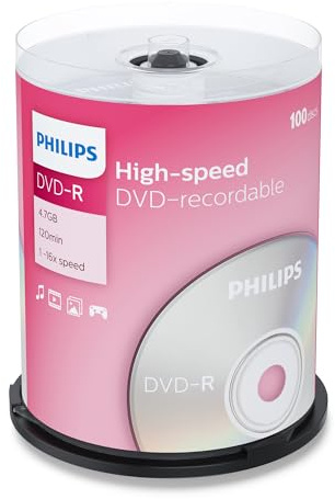 Philips DVD-R Rohlinge (4.7 GB Data/ 120 Minuten Video, 16x High Speed Aufnahme, 100er Spindel), DM4S6B00F/00