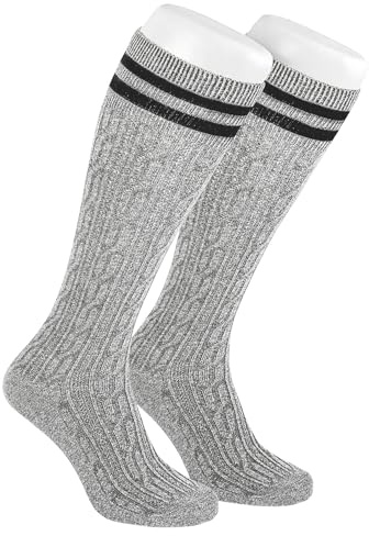 AVAYUU 1 Paar Herren Trachtensocken Lange Kniebundstrümpfe Gestreifte Trachtenstrümpfe Baumwoll Zopf Kniebund Socken Landhausstil Meliert Kniestrümpfe Komfortbund & ohne Naht Gr. 40-46 Hellgrau
