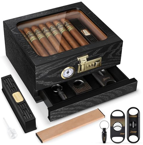 Tesonway Zigarren-Humidor, Zedernholz Humidor Zigarrenbox, Glasplatte Desktop Humidor mit Front-Hygrometer, Luftbefeuchter, Trennwand, Zubehörschublade und Zahlenschloss, hält 20-35 Zigarren