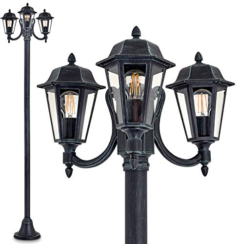 HOFSTEIN Kandelaber Natal, Außenwegeleuchte aus Metall/Glas in Schwarz/Grün/Klar, Wegeleuchte im Antik/Retro/Vintage-Design für Garten, Außenbereich, Hof, 210 cm, 3 x E27, IP44