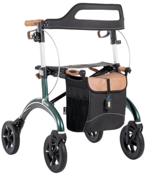 Saljol Carbon Rollator in Vollausstattung, 5,6 kg Leichtgewichtrollator mit Sitz, Rückengurt, Tasche, Stockhalter, Klingel und LED-Licht | faltbare Outdoor-Gehhilfe, Sitzhöhe 54 cm, Grün