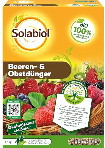 Solabiol Beeren- & Obstdünger, Spezialdünger mit Sofort- und Langzeitwirkung für alle Beerenpflanzen, Kernobst und Steinobst 1,5 kg