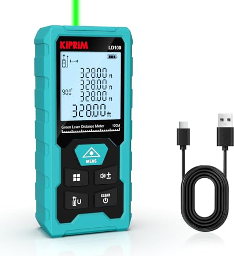 Kiprim Laser-Entfernungsmesser Grün, 100 m Digitales Messgerät mit USB-Typ-C-Akku, ±2 mm Genauigkeit, Elektronische Libelle, 10 Messmodi, Klasse II Laser, Reflektorplatte, LD100