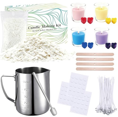 COVACURE Kerzen Selber Machen Set 480g Sojawachs mit Zubehör | 100% natürliches Sojawachs, Schmelztopf, Dochte, Farbblöcke, Docht-Halter, Anleitung, als Geschenk, Weihnachten/Geburtstag