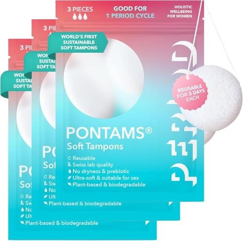 PERIOD PONTAMS Soft-Tampons für Frauen – 3 Tage wiederverwendbare und kompostierbare Tampons – Unterstützung des probiotischen Gleichgewichts – Ultraweich, auf pflanzlicher Basis, 9 Stück
