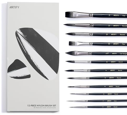 ARTIFY Aquarell Pinsel Set-12 Pcs weiche synthetische Nylonbürsten für Aquarell, Acryl, Gouache Ölgemälde, beinhaltet Spitze Runde, flach, Katzenzunge, Zwischenserie