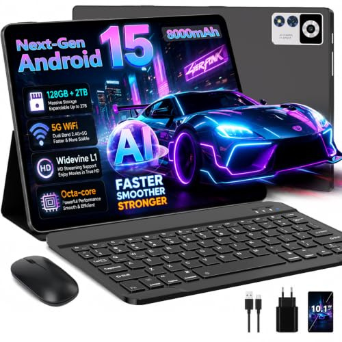 ZIOVO Android 15 Tablet 10 Zoll Gemini AI, 30GB RAM+128GB ROM(TF 1TB), 5G WLAN, Octa-Core 2.0GHz, Widevine L1, 8000mAh, BT 5.0, GPS, Face ID, Tablet mit Tastatur, Maus - Schwarz