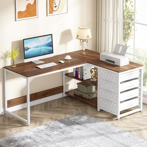 Tribesigns Schreibtisch l Form mit 4 Schubladen, L-förmiger Computertisch mit 2 Ablagen, Reversible Eckschreibtisch mit stauraum für Büro,Arbeitszimmer, Wohnzimmer,150×110×75cm (Walnuss & Weiß)