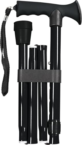 Faltbarer Verstellbarer Gehstock mit ergonomischem Gummigriff, 5 Höheneinstellungen, leichtes Aluminium, Handschlaufe, rutschfeste Spitze, kompakt für Reisen, unterstützt bis zu 100 kg, Schwarz