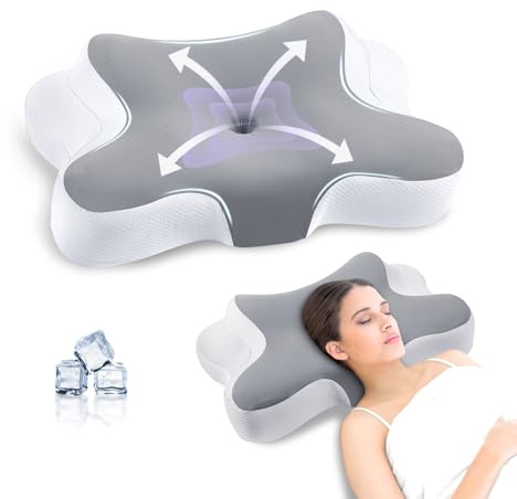 JINXIA Nackenkissen Kopfkissen, Ergonomisches Kopfkissen, Memory Foam-Kissen mit Abnehmbarem Kissenbezug für Seiten-, Rücken- und Bauchschläfer, Grauweiß