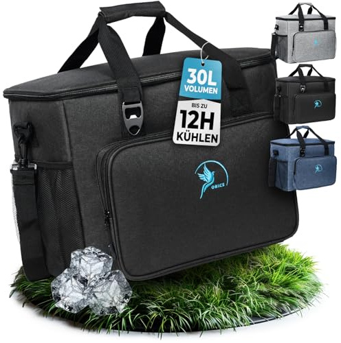 Obics® Kühltasche 30L faltbar - Einkaufstasche & Lunch-Tasche groß schwarz - Gefriertasche & Kühlbox Picknick-Tasche isoliert - Thermotasche Essenstasche Camping, Auto, Arbeit, Einkaufen, Baustelle