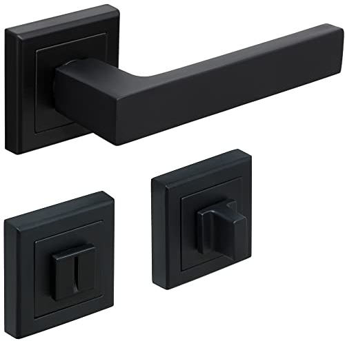 Hardware Store Moderne Aluminium Türklinke auf eckigen Rosette - für Innentüren Badezimmertüren Türgriff Türbeschlag Drückergarnitur Schwarz Matt L-Form - WC - Badezimmer - inkl. Befestigungsmaterial