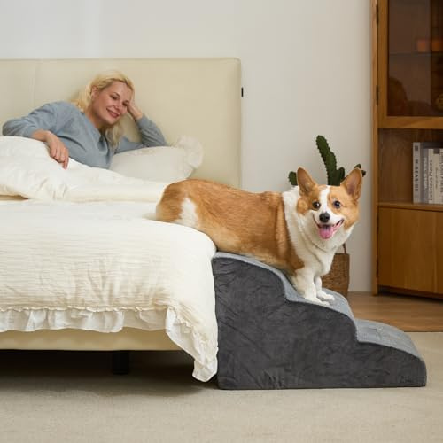 Dripex Hundetreppe 3 Stufen 60x40x40cm, gebogen für Sofa & Bett Grau | Für kleine Hunde & Katzen, 25D Schaum, Cordbezug, abnehmbar & waschbar