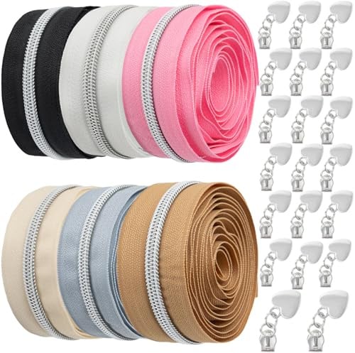VOKABY 12m #5 Endlosreißverschluss mit Zipper,6 Farben Reißverschluss 6mm,2 m pro Farbe,mit 20 Metall-Reißverschlussanhängern (Silber)