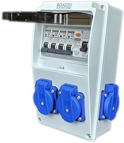 RoadEu - Stromverteiler 230V. 4x Schuko Steckdose mit Sicherungsautomat 16A. Baustromverteiler 16A mit FI Schalter. Steckdosen integriert mit Sicherungskasten. IP54 Wandverteiler - Aussen Wasserdicht