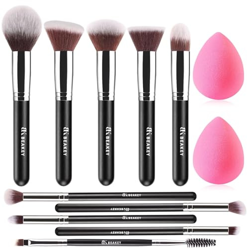 BEAKEY Pinselset Makeup Professionelles Foundation Make up Pinsel Set Premium Puderpinsel Lidschatten Blush Schminkpinsel Set Beauty Schwamm und Bürsteswaschener mit Eiform (10+2 Stück, Silber)