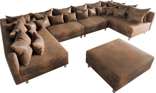 Couch Clovis XL Braun Antik Optik mit Hocker Wohnlandschaft Modules Sofa