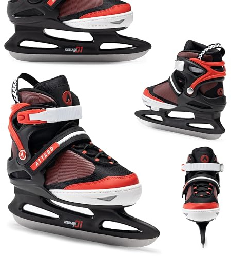 ATTABO Verstellbare Schlittschuhe für Kinder und Jugendliche 36-41 EU (5-stufige Größenverstellung) | Bequeme, warme Freizeitschlittschuhe zum Eishockeyspielen | Edelstahlkufen, Schwarz/Rot