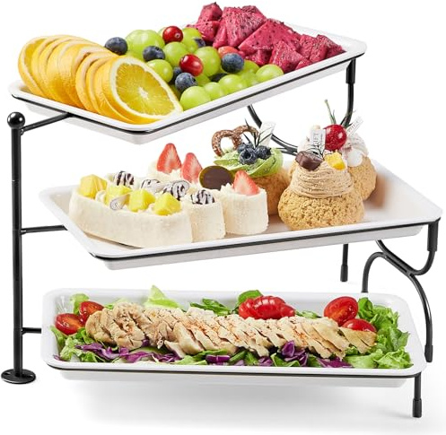 Lifewit Etagere 3 Etagen mit 30,5 x 16,6 cm Servierplatte und Metallregal | Drehbar Kunststoff Serviertablett mit Klappbar Metallregal, Party Buffet Zubehör für Obst Desserts, Nicht Spülmaschinenfest