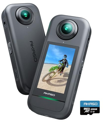 AKASO 360° Action Cam - 5.7K 72MP 360 Grad Actionkamera mit 128GB Speicherkarte Duale 1/2 48MP Sensoren, 2.29'' Touchscreen, Unsichtbarer Selfie Stick Effekt, 360° Horizon Lock und AI-Verfolgung