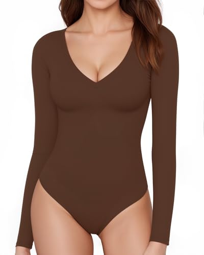 ALGALAROUND Langarm Body Damen V-ausschnitt Langarmbody Langarmshirt Tops für Damen Oberteile Elegant Sexy Pullover Bodysuit Oben