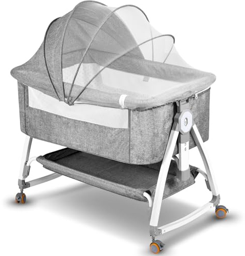 NIKYJM Beistellbett Baby,3 in 1 Babybett 6 Fach Höhenverstellung und Neigungsverstellung mit Bremse Stubenwagen Baby Tragbares Kinderbett für Zuhause und Unterwegs