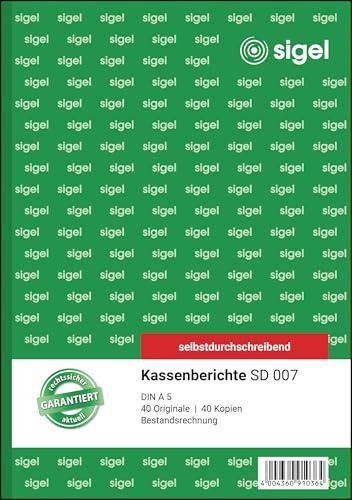 SIGEL SD007 Kassenbericht / Bestandsrechnung A5, 2x40 Blatt, selbstdurchschreibend, 1 Stück, mikroperforiert, mit Abheftlochung, aus nachhaltigem Papier