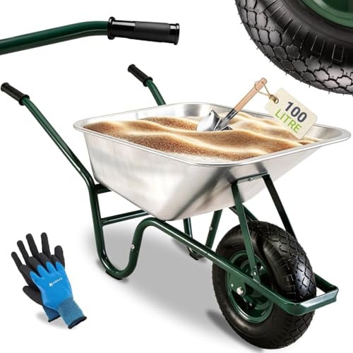Juskys Schubkarre 100L, 250 kg – mit verzinkter Wanne, Luftreifen & Metall Felge, stabile Garten Schubkarre & Schiebkarre – Transportkarre Garden Silber