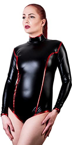 Rubberfashion Cosplay metallic Wetlook Body - glänzender Body ouvert Langarm - offener Schritt Reißverschluss Lederoptik für Damen Schritt offen