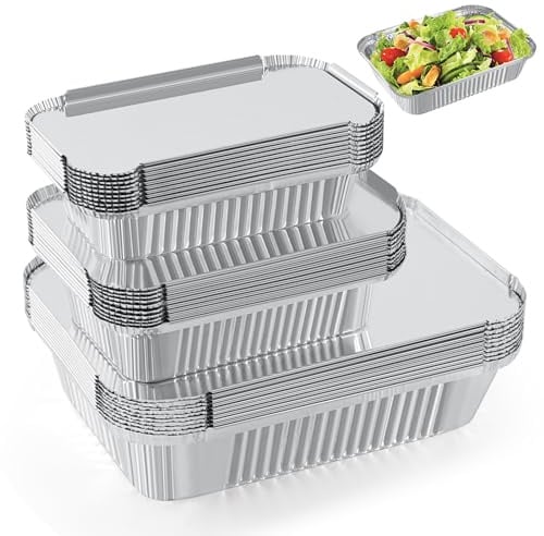 Notwoe 30 Stück Aluschalen Grill,Grillschalen Aluminium 1750ml/700ml/410ml,Aluschalen Mit Deckel,Alu Grillschalen Wiederverwendbar,Grill Aluschalen Für Kochen (Silber-255-30 Stück/mit Deckeln)