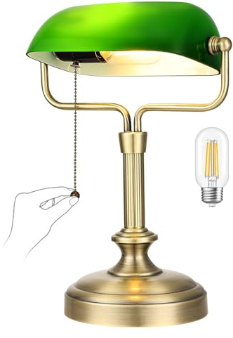 LOFOB Banker Schreibtischlampe, Glasschatten, Vintage -Lampe mit Pull -Kettenschalter für Heimbüro, Klavierlampe (Antique Bronze+Green)