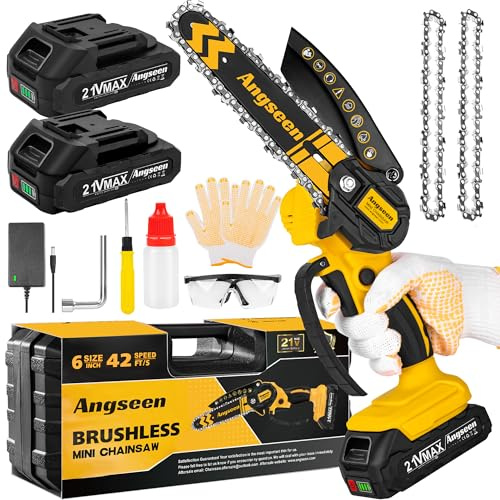 Bürstenloser Mini Kettensäge Mit Akku,6 zoll Elektro-Kettensäge Handkettensäge Akku für Gartenscheren Astschere Holzschneidenz 2 Akkus und 2 Ketten, 700W leistungsstarkem Motor.