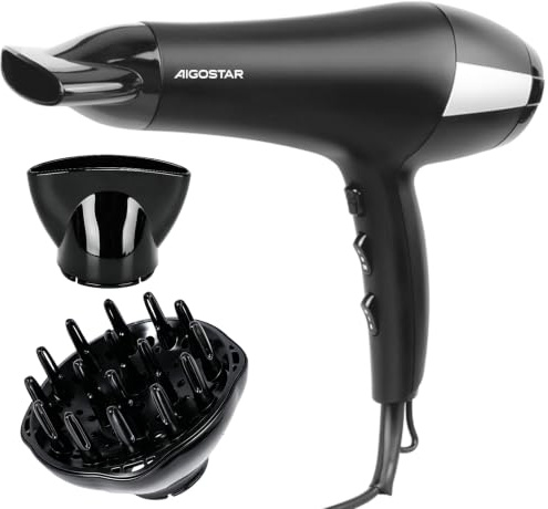 Aigostar Haartrockner 2400W,Föhn mit Ionen, Schwarz | Profi Haarföhn mit Ionen-Technologie,3 Heiz- & 2 Geschwindigkeitsstufen,Schnelles Trocknen,inkl. Diffusor & Stylingdüse
