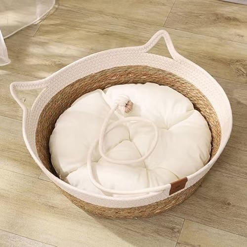 Rukuapid Rattan Katzenhütte Katzenhöhle Katzenbett, Rund Haustierbett,Handgefertigter Rattankorb und 100% Baumwollekissen,40x40x13 cm Katzenkorb,Braun&Weiss (Baumwollekissen)