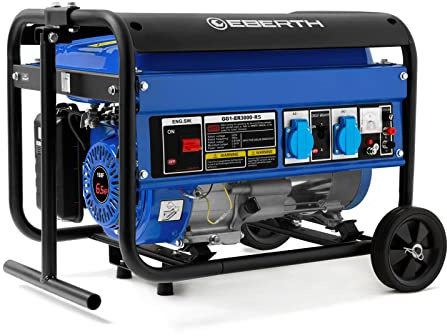 EBERTH 3000 Watt Notstromaggregat Stromerzeuger Stromaggregat mit Fahrwerk, 6,5 PS Benzinmotor, 4-Takt, 1-Phase, 2x 230V, 1x 12V, automatischer Voltregler AVR, Ölmangelsicherung, Tankanzeige