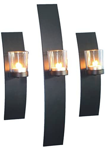 Novaliv 3X Wandkerzenhalter aus Metall mit Glas 6 x 10,5 x 39 cm Schwarz Kerzenhalter Wand Teelichterhalter Deko Wohnzimmer Dekoration Wanddeko Vintage Deko Teelicht Wandhalter