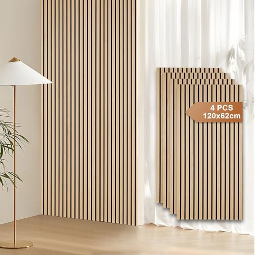 Fiqops 4er Akustikpaneele Holz 120x60 cm Eiche 21 mm | 4er Set ca. 2,88 m², 21 mm Aufbau, MDF & PET-Filz, Für weniger Echo in Wohnzimmer, Büro & Studio