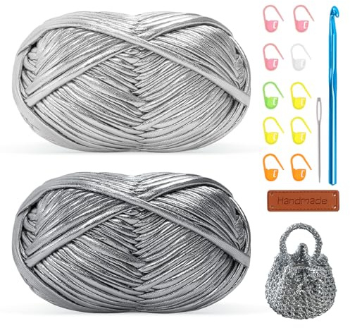 Metallisches Häkelgarn, 2 x 100 g, grobes Häkelgarn mit 7 mm Haken, ideal zum Häkeln von Taschen, Körben, Teppichen, Innendekoration, Anfänger freundlich