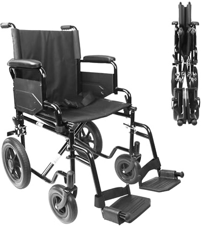 PEPE Mobility Rollstuhl Faltbar Leicht (46 cm Sitz), Klappbare Armlehnen und Fußstützen, Transportrollstuhl aus Stahl bis 113 kg, Pannensicherer Reifen für Senioren, Schwarz