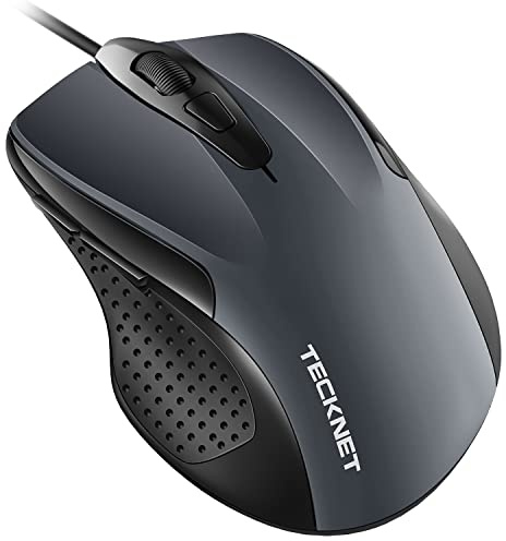 TECKNET Maus mit Kabel, Computermaus mit 6 Tasten, 6400 DPI, Ergonomisches Optical Business Kabelgebundene Maus für PC, Laptop, USB-Kabel 150 cm, Grau