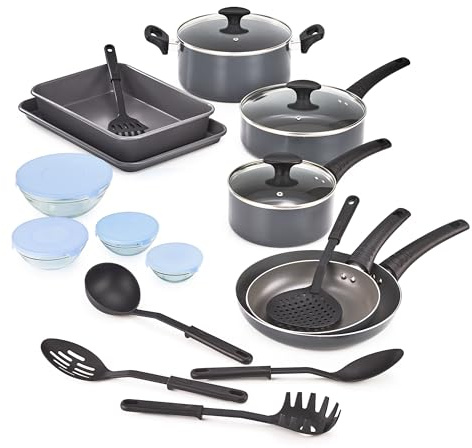 bella Antihaft-Kochgeschirr-Set mit Glasdeckeln - Aluminiumbackzubehör, Töpfen und Pfannen, Aufbewahrungsschüsseln und Utensilien, für alle Herdarten geeignet, 21 Teile, schwarz